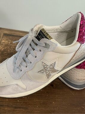 Vintage White Leather Sneaker with Silver Glitter Star and Pink Glitter Heel